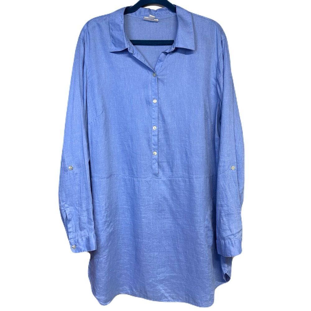 J.Jill Love Linen Blue Tunic Half Button Long Sleeve Pullover Top Casual Coastal